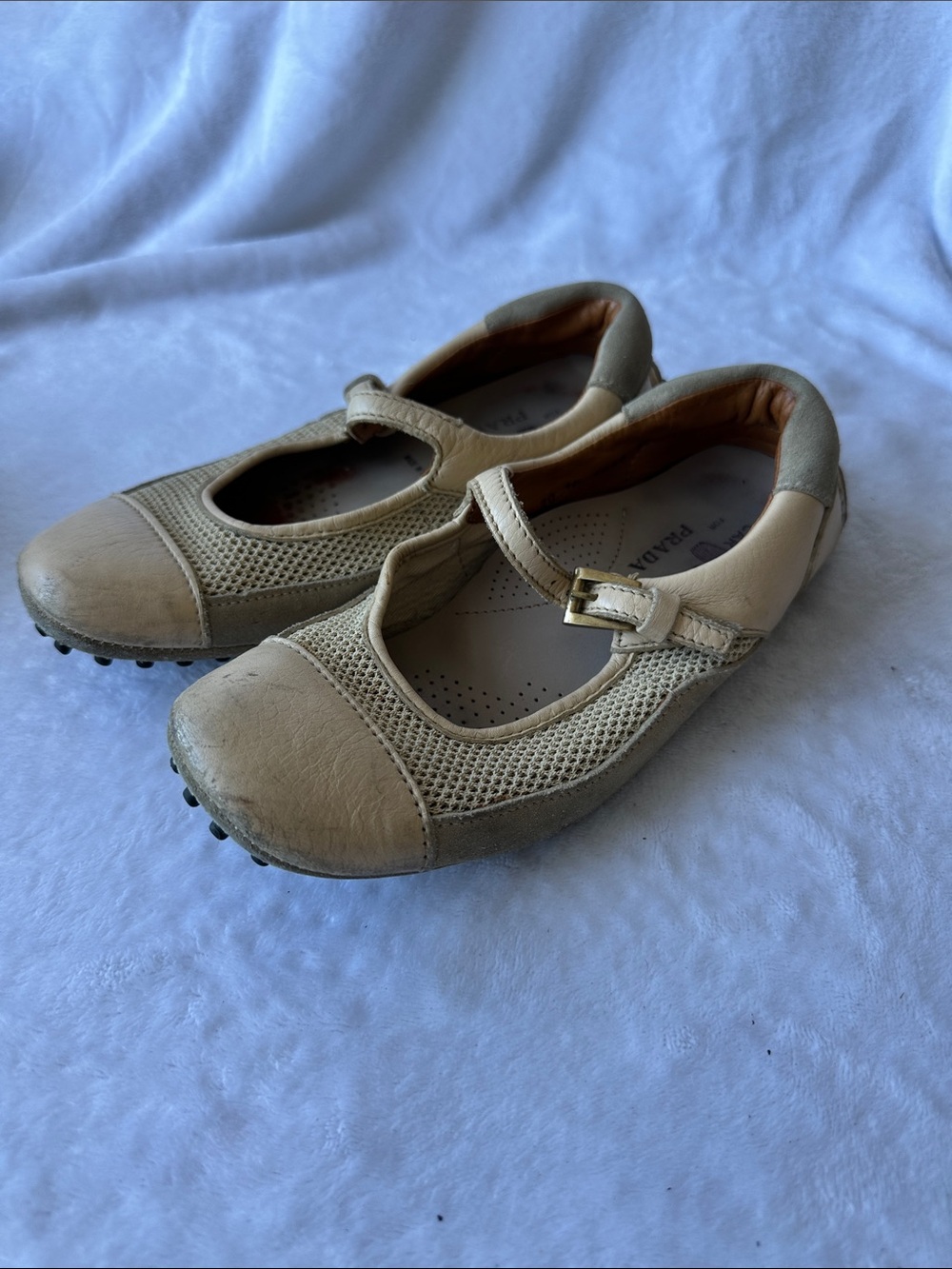 Prada Beige Leather Mesh Mary Jane Flats